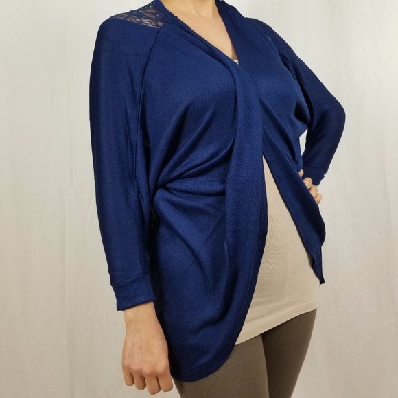 Blue 3/4 SLEEVE CARDIGAN W/ LACE BACK - Picture 2 of 5